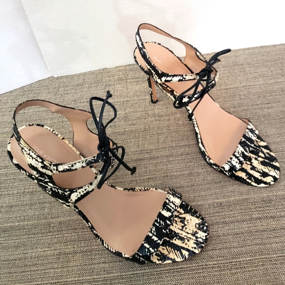 Pour La Victoire Black/White Snake Painted Skin Elisa Open Toe Ankle Strap Heels
